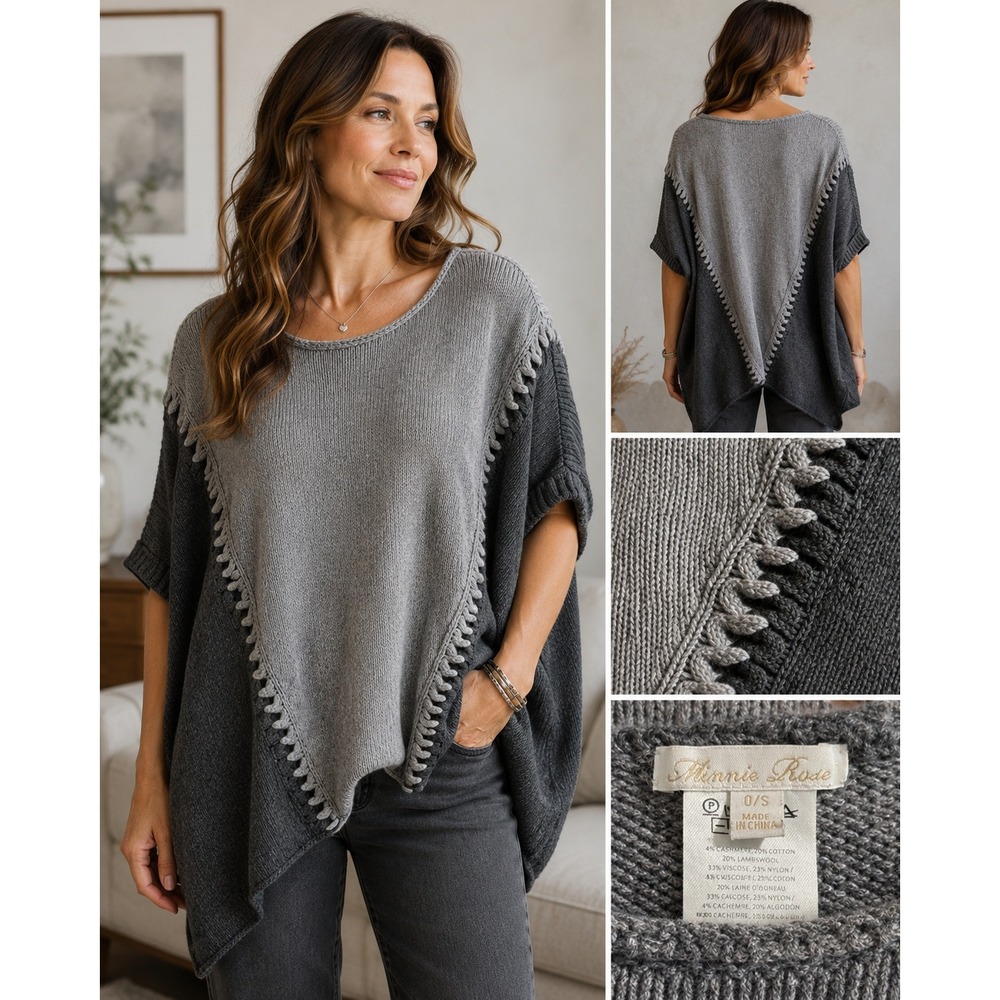 Womens O/S Minnie Rose Cashmere Lambswool Blend Poncho Sweater Gray Whipstitch